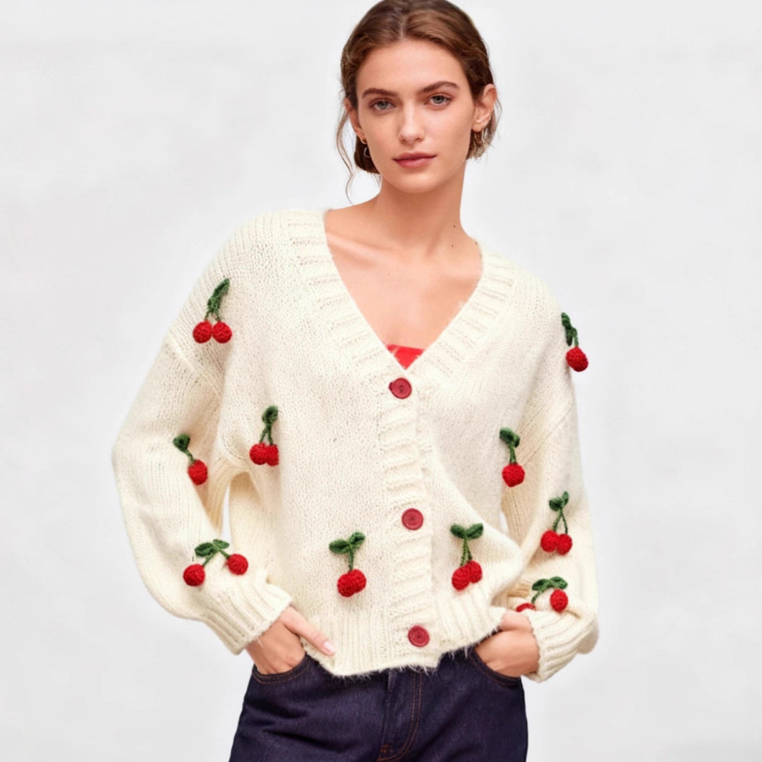 Damen Strickjacke mit fröhlichem Kirschdesign und praktischen Knopfdetails EB