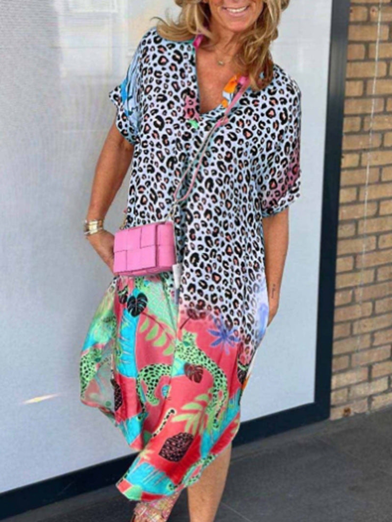 Damen nan weit geschnittenes V-Ausschnitt Midikleid mit Leoparden- und Tropenprint EB