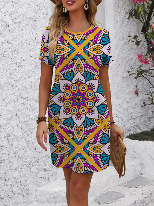 Damen farbenfrohes Mandala Kleid im lässigen Schnitt EB