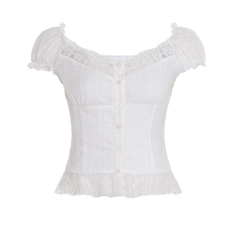 Damen Elegantes Blusenoberteil mit verspielten Puffärmeln und Knopfleiste EB
