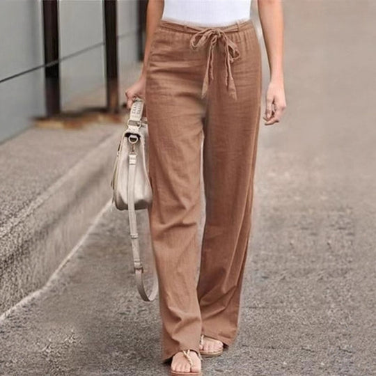 Damen Weite Lounge-Hose mit hohem Gummibund und dekorativem Bindeband EB