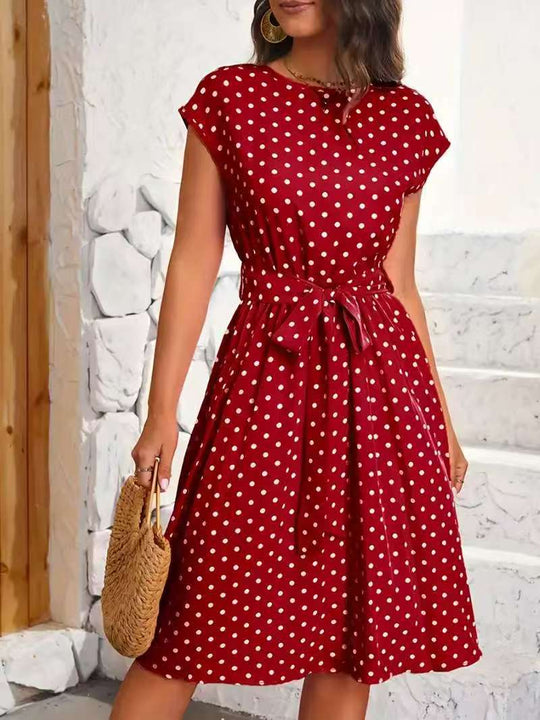 Damen Midikleid mit taillierendem Bindegürtel und verspieltem Polka-Dots Design EB