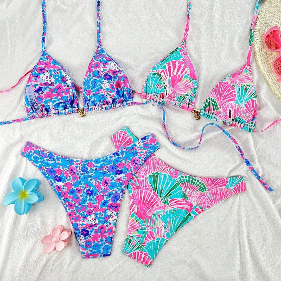Damen Triangel-Bikini-Set mit verstellbaren Trägern und buntem Muster EB