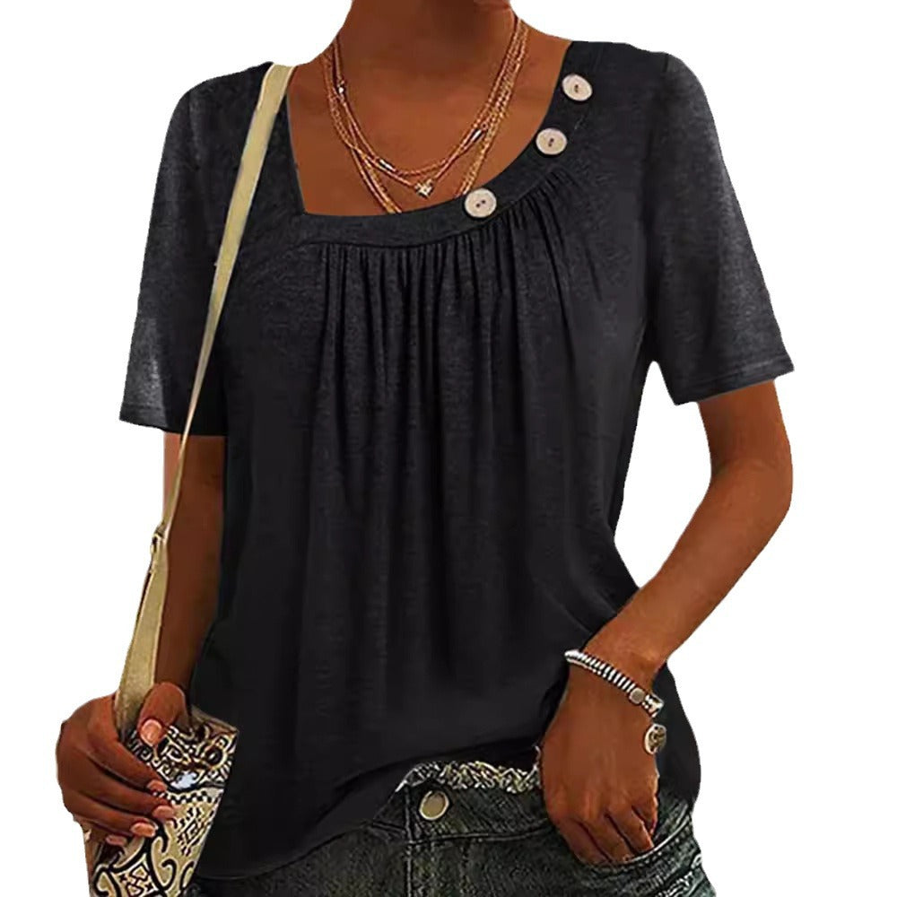 Damen nan locker sitzendes Kurzarmshirt mit quadratischem Ausschnitt, geraffter Brustpartie und Zierknopf-Detail EB