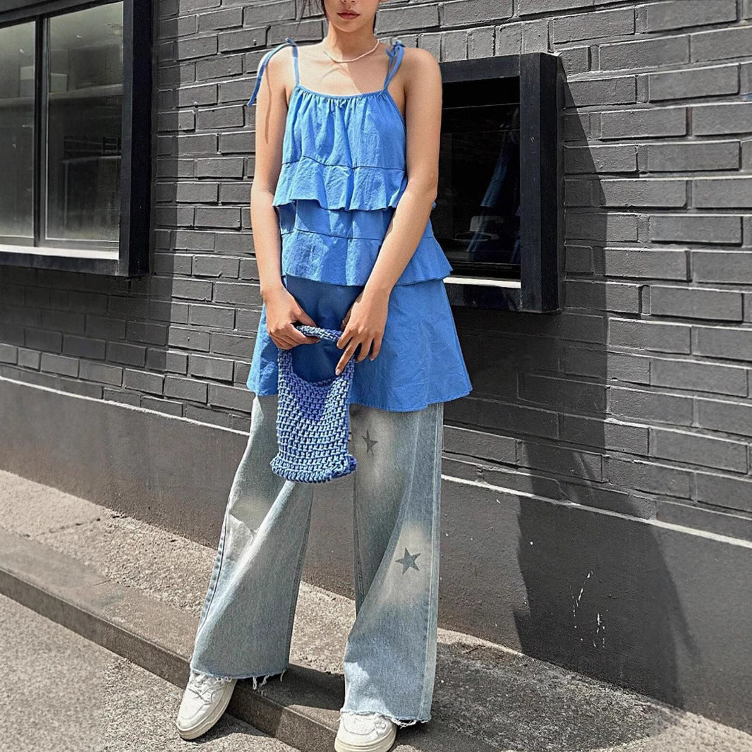 Damen luftiges Schwingkleid mit mehrlagigem Design und verstellbaren Trägern EB