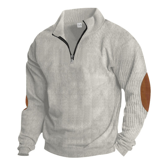 Herren nan gerippter Feinstrick-Pullover mit kurzem Reißverschluss Stehkragen und Lederoptik-Ellbogenpatches EB