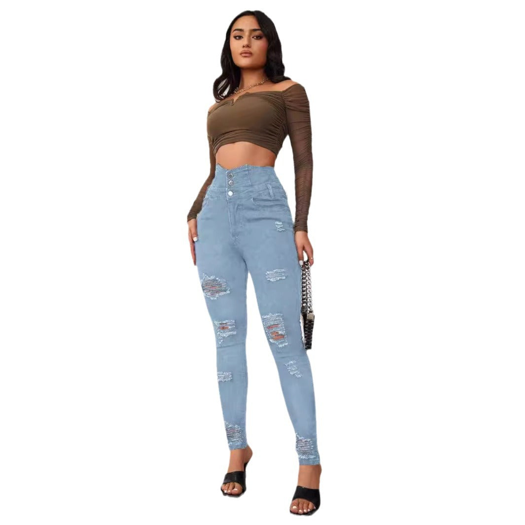 Damen High-Waist Jeans mit modischen Riss- und Knopfdetails EB