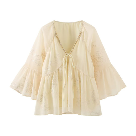 Damen leichtes Blusenshirt mit fließendem Schnitt und eleganten Bindebanddetails EB