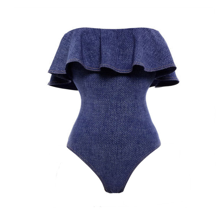 Damen Bandeau Badeanzug mit dekorativen Schleifen und gestreiftem Maxiröckchen EB