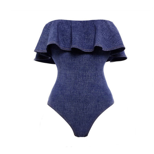 Damen Bandeau Badeanzug mit dekorativen Schleifen und gestreiftem Maxiröckchen EB