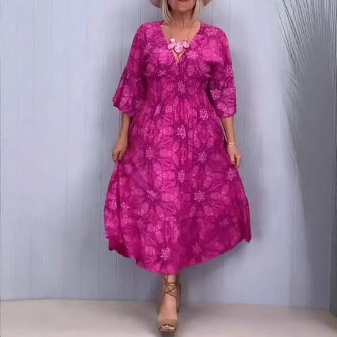 Damen nan fließendes Kaftan-Midikleid mit V-Ausschnitt, lockerer Silhouette, Stufenrock und dreiviertel-Ärmeln EB