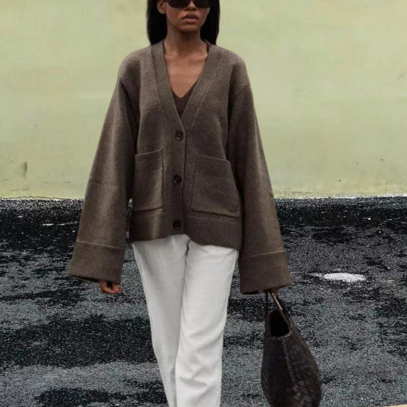 Damen Lässiger Strickjacke mit großen Taschen und offenem Schnitt EB