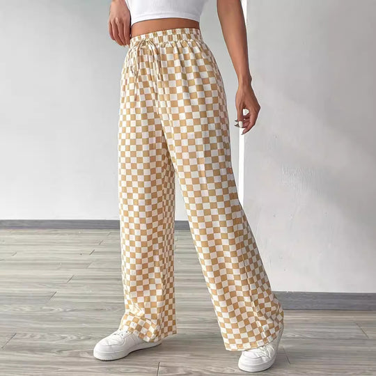 Damen weite Karohose mit elastischem Bund und Bindegurt EB