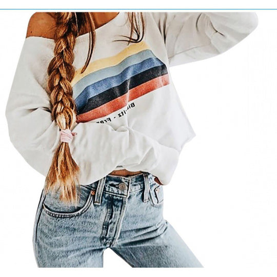 Damen Off-Shoulder Sweatshirt mit Retro-Bandprint und lockerer Cropped-Passform EB