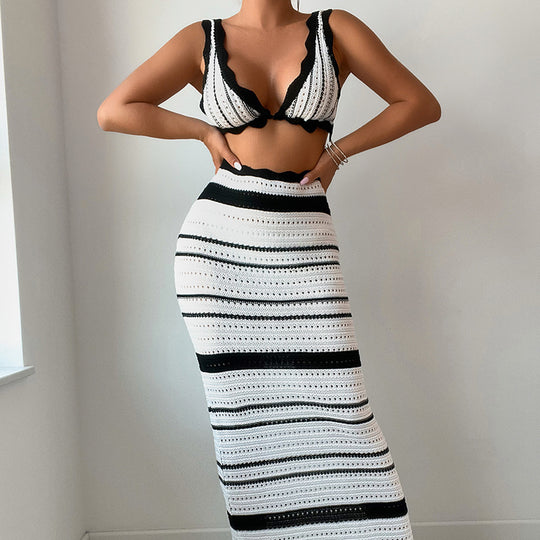 Damen Häkel-Crop-Top und Maxirock Set EB