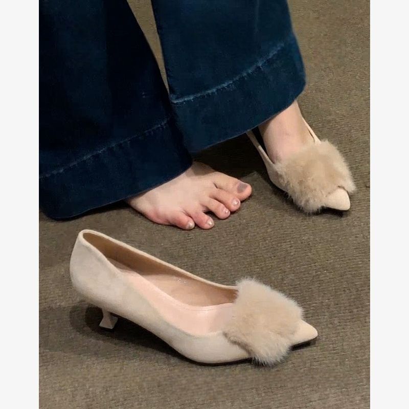 Damen elegante High Heel Schuhe mit luxuriösem Fellbesatz EB