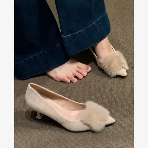Damen elegante High Heel Schuhe mit luxuriösem Fellbesatz EB