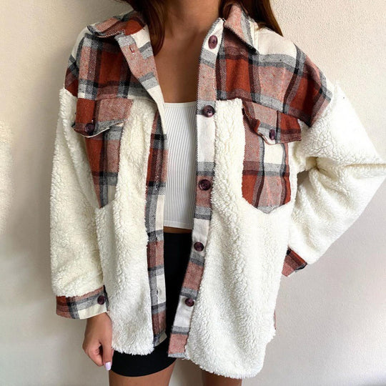 Damen kuschelige Oversize-Fleecejacke mit Karomuster EB