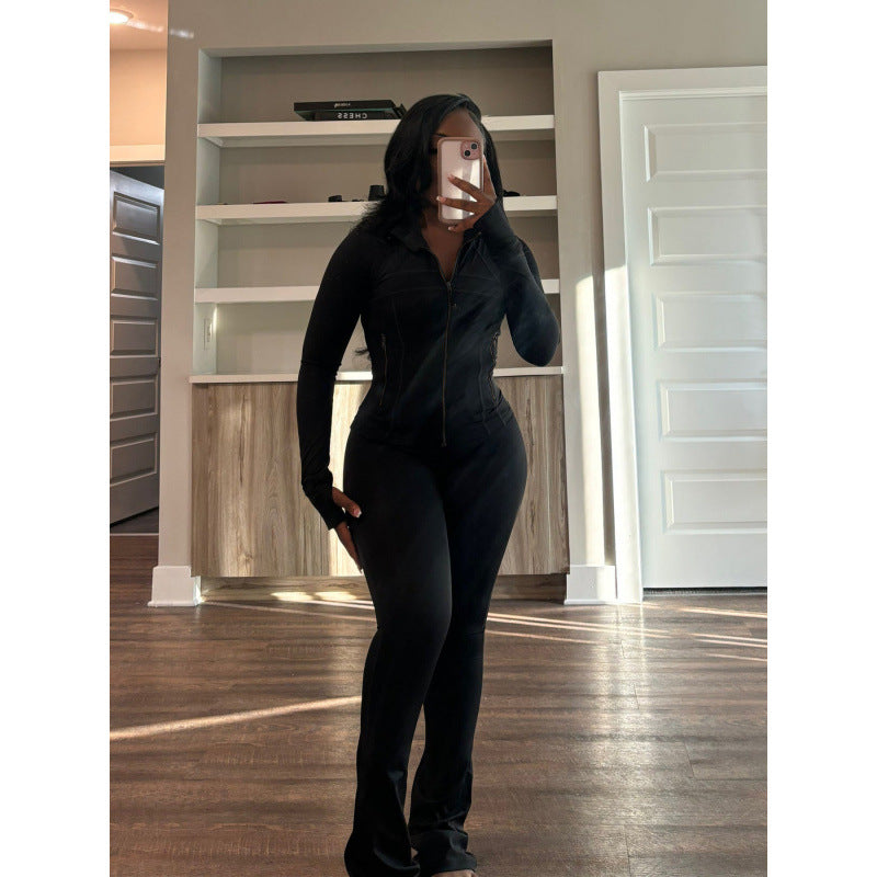 Damen figurbetonender Jumpsuit mit Hochkragen und durchgehendem Reißverschluss EB