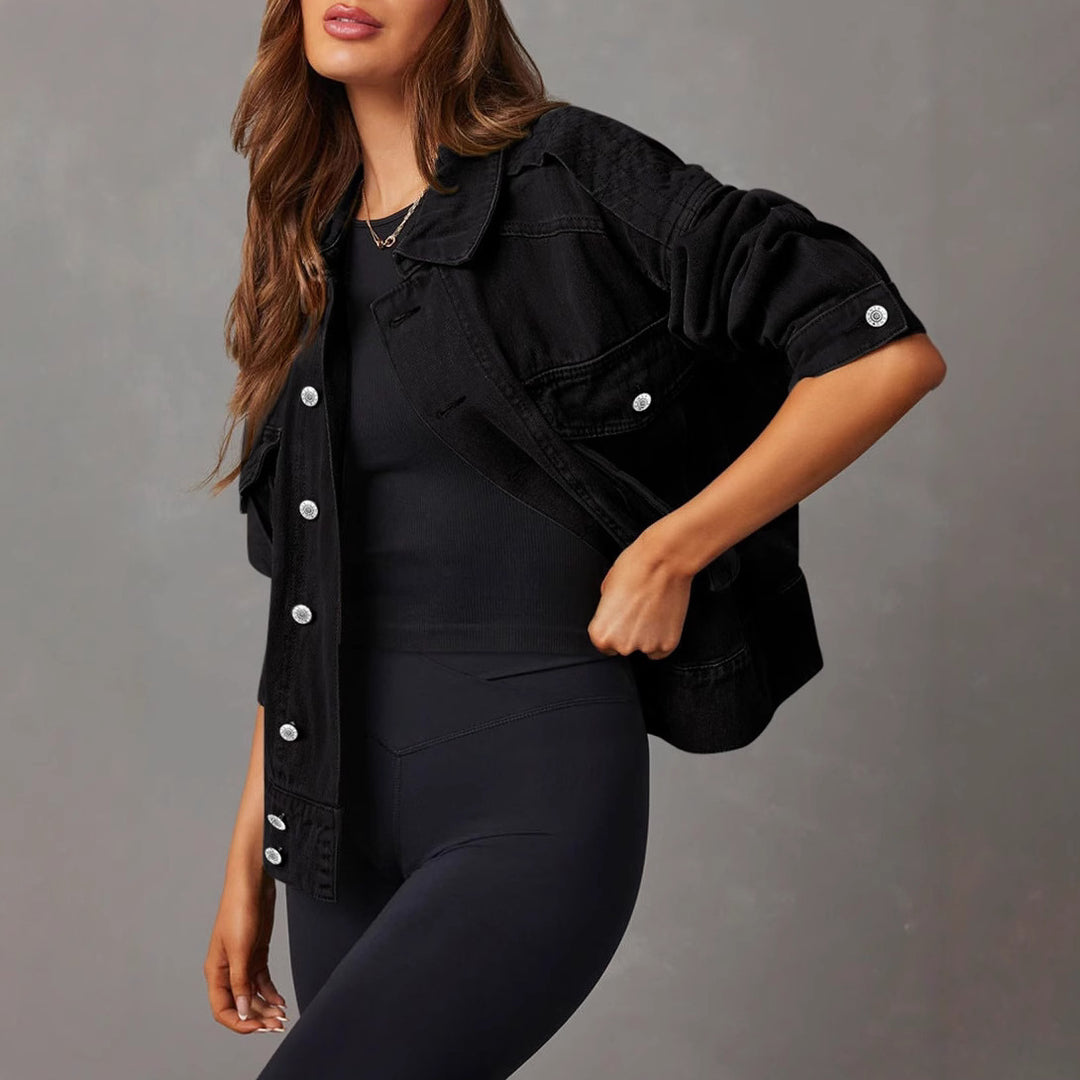 Damen nan kurze oversized Jeansjacke mit aufgesetzten Brusttaschen und krempelbaren Ärmeln EB