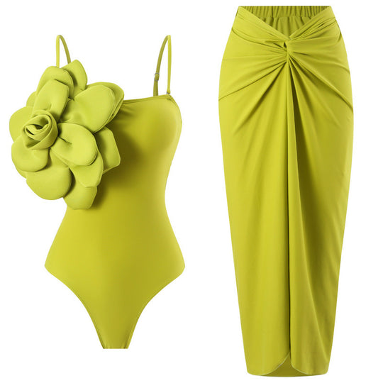Damen Einteiler Badeanzug mit modischem Blumendesign und passendem Wickelrock EB