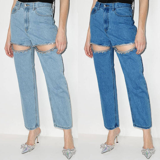 Damen Jeans mit dekorativen Cut-Outs und Strassverzierungen EB