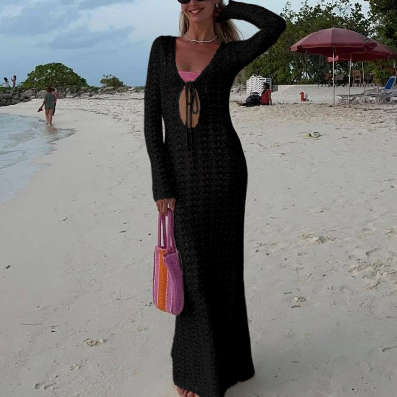 Damen Elegantes gehäkeltes Strandkleid mit tiefem V-Ausschnitt und luftiger Struktur EB