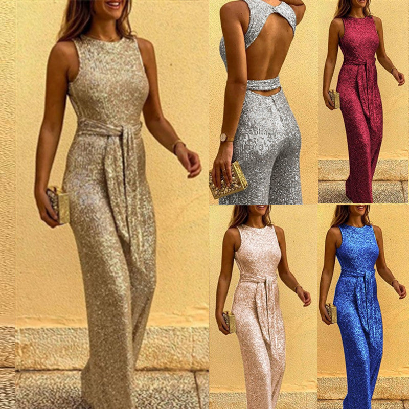 Damen Glitzerndes Abendkleid mit elegantem Taillengürtel EB