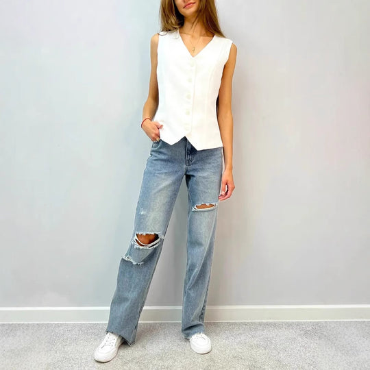 Damen ärmellose Bluse mit Knopfleiste EB