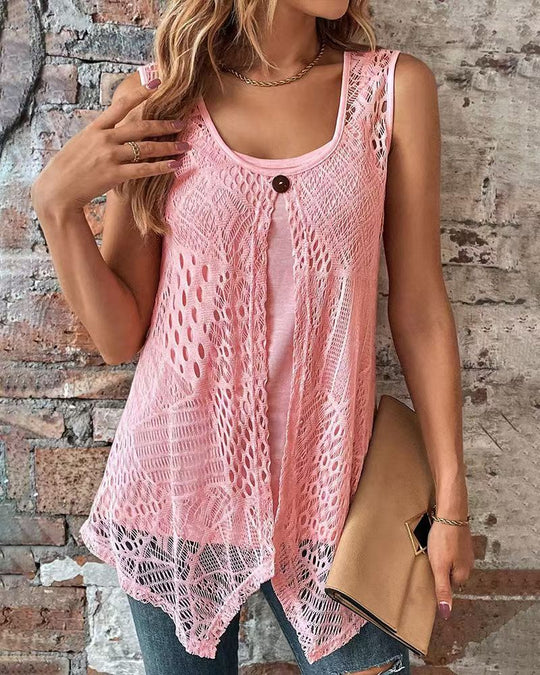 Damen nan gehäkeltes A-Linien-Oberteil mit asymmetrischem Zipfelsaum und integriertem Jersey-Untertop EB