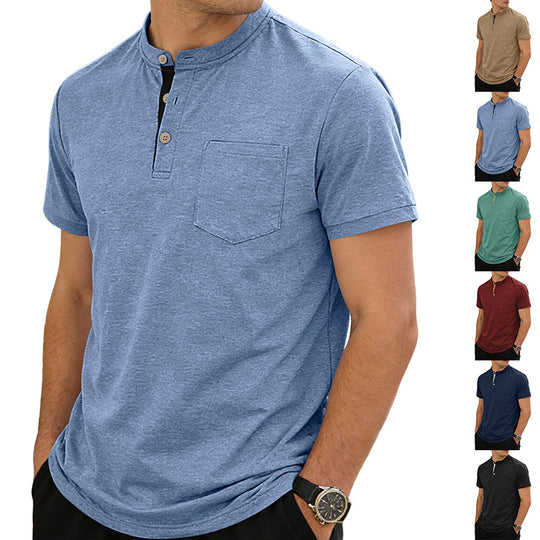 Herren nan strukturiertes Baumwoll-Henleyshirt mit kurzem Stehkragen Knopfleiste und Brusttasche EB