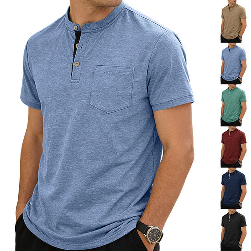 Herren nan strukturiertes Baumwoll-Henleyshirt mit kurzem Stehkragen Knopfleiste und Brusttasche EB