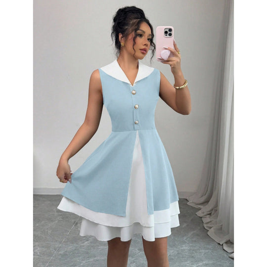 Damen Sommerkleid mit modischem Kragen und Knopfdetails EB