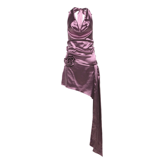 Damen Satin Minikleid mit asymmetrischem Saum und dekorativem Blumenmotiv EB