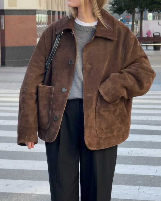 Damen Oversized Teddyjacke mit Knopfverschluss und großen Taschen EB