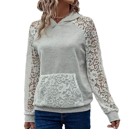 Damen Kapuzenpullover mit eleganten Spitzenärmel und praktischer Kängurutasche EB