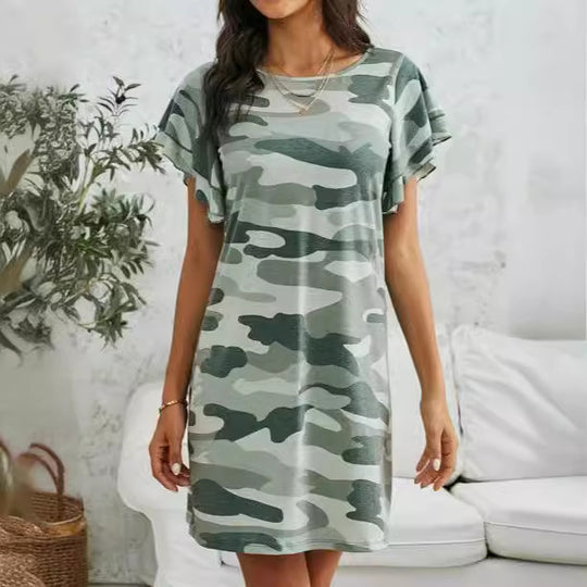 Damen Freizeitkleid mit Rüschendetails und Camouflage-Design EB