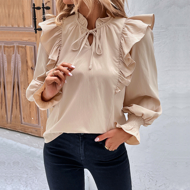 Damen Elegante Bluse mit Rüschendetails und bindbarem Hals EB