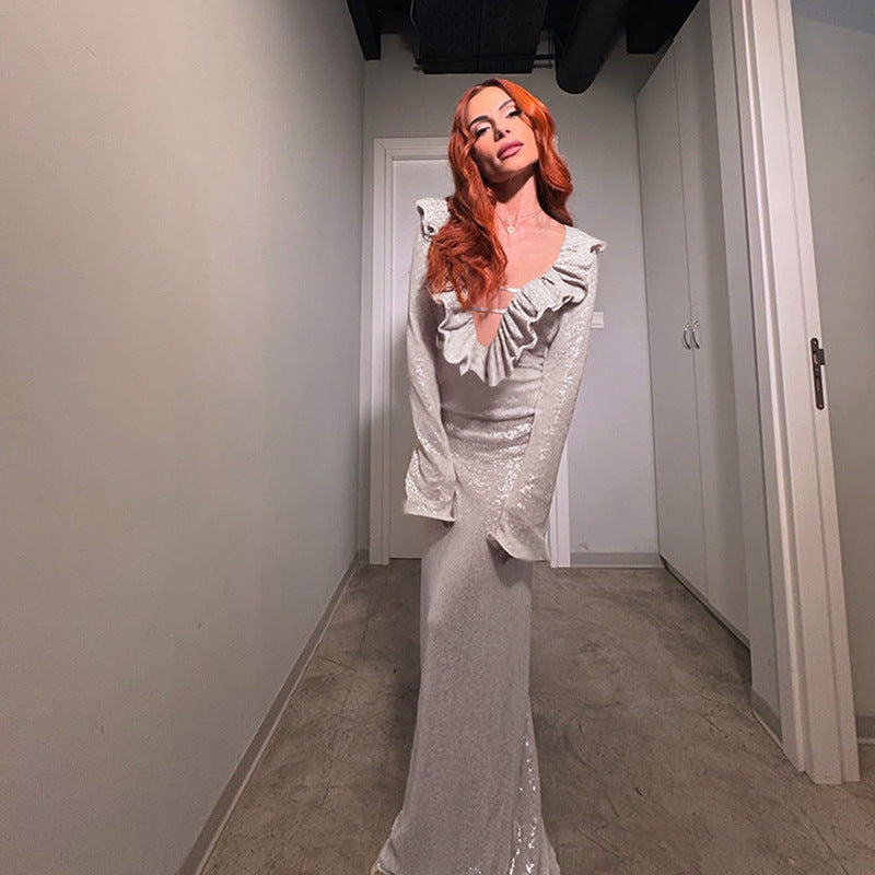 Damen elegantes Maxikleid mit Rüschendetail und transparentem Einsatz EB