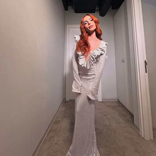 Damen elegantes Maxikleid mit Rüschendetail und transparentem Einsatz EB