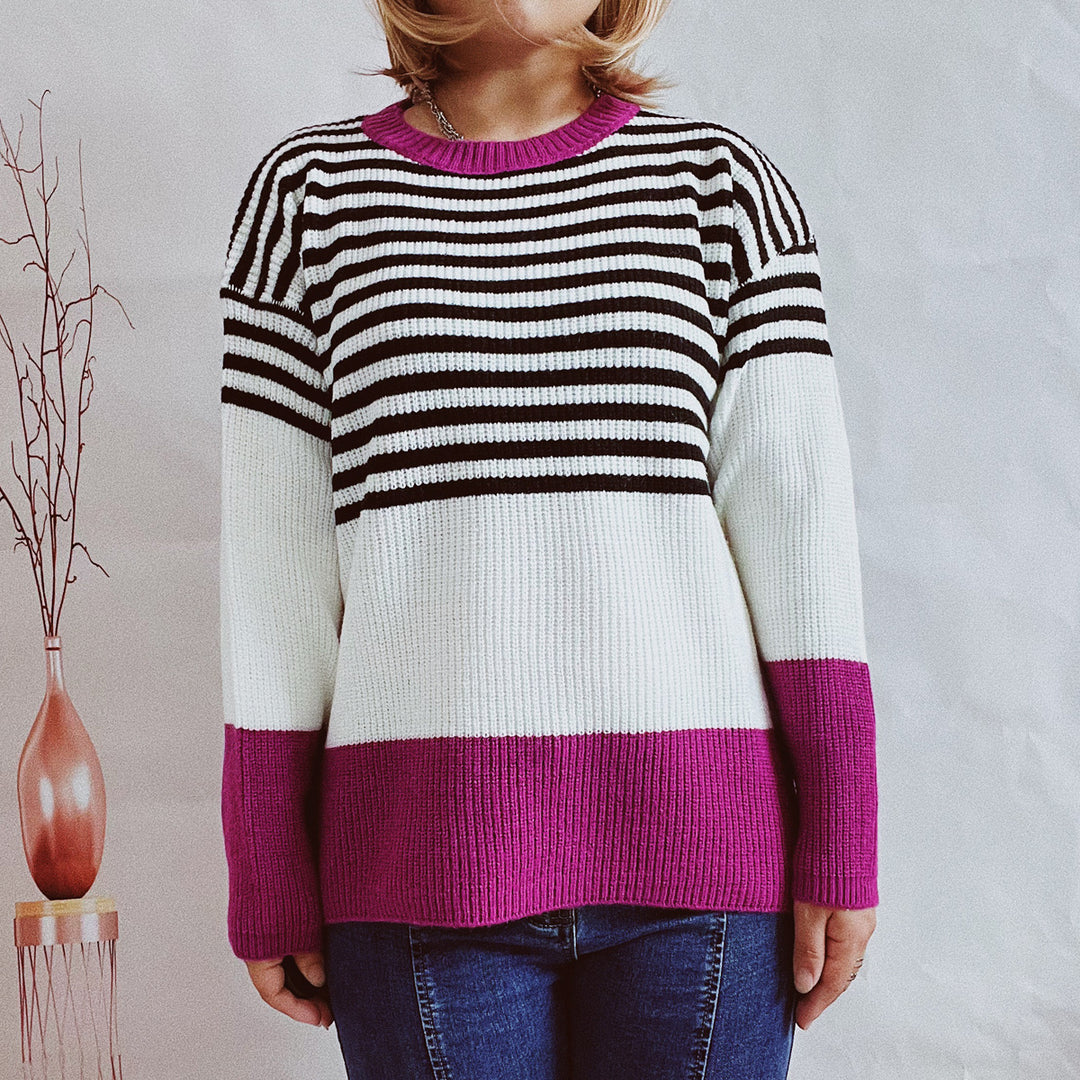 Damen trendy gestreifter Pullover mit modernen Akzenten und komfortablem Schnitt EB