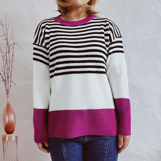 Damen trendy gestreifter Pullover mit modernen Akzenten und komfortablem Schnitt EB
