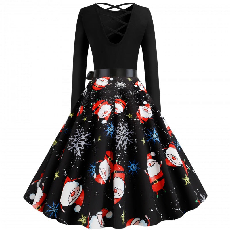 Damen Festliches Swingkleid mit Nikolausprint, tailliertem Satinband und gekreuztem Rückendetail EB