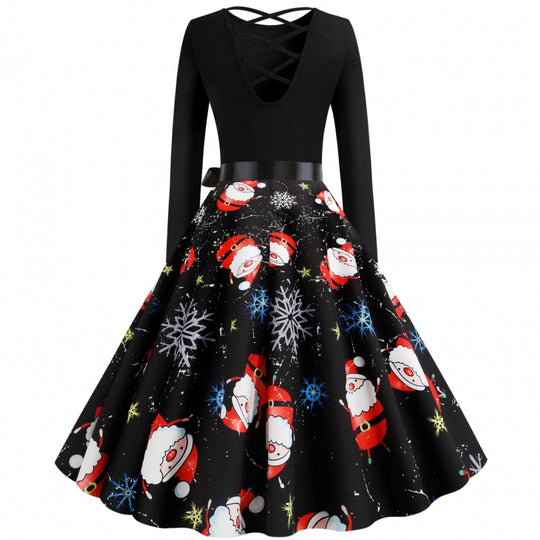 Damen Festliches Swingkleid mit Nikolausprint, tailliertem Satinband und gekreuztem Rückendetail EB
