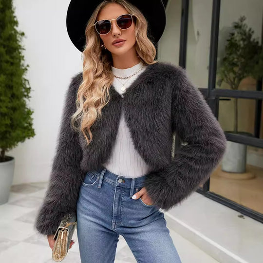 Damen Elegante und kuschelige Kurzjacke mit Kunstfell EB