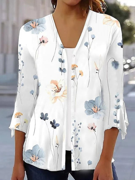 Damen nan leichte Chiffonbluse mit Aquarellblumenprint, V‑Ausschnitt, Knopfleiste und dreiviertelärmeln EB