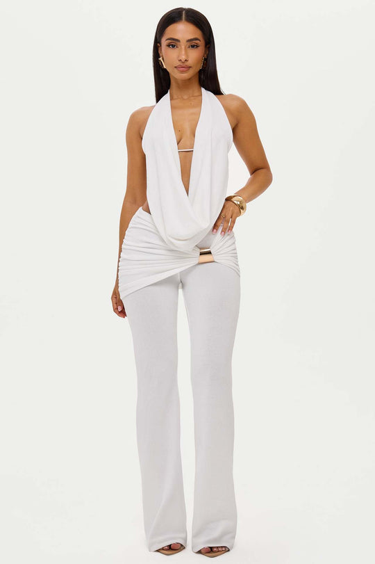 Damen elegantes, figurbetontes Jumpsuit mit tiefem Ausschnitt und weitem Bein EB