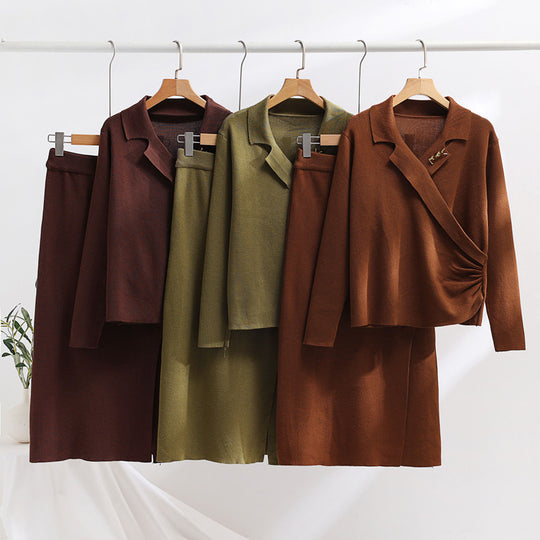 Damen elegantes Strickensemble mit Wickeloberteil und raffinierter hoher Taillierung EB