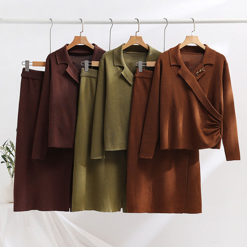 Damen elegantes Strickensemble mit Wickeloberteil und raffinierter hoher Taillierung EB