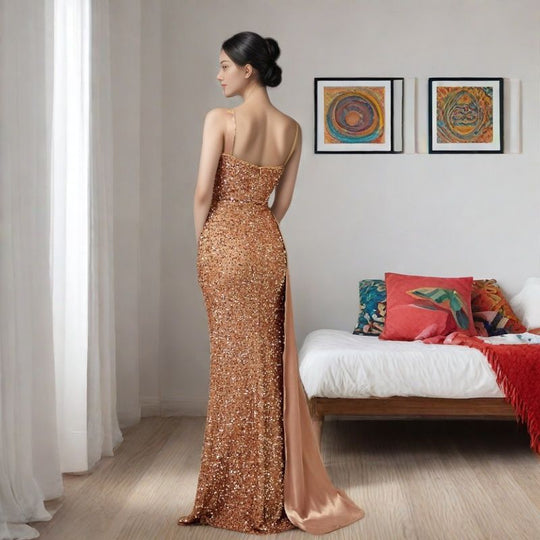 Damen Glamouröses Abendkleid mit schimmernden Pailletten und elegantem Schlitz EB
